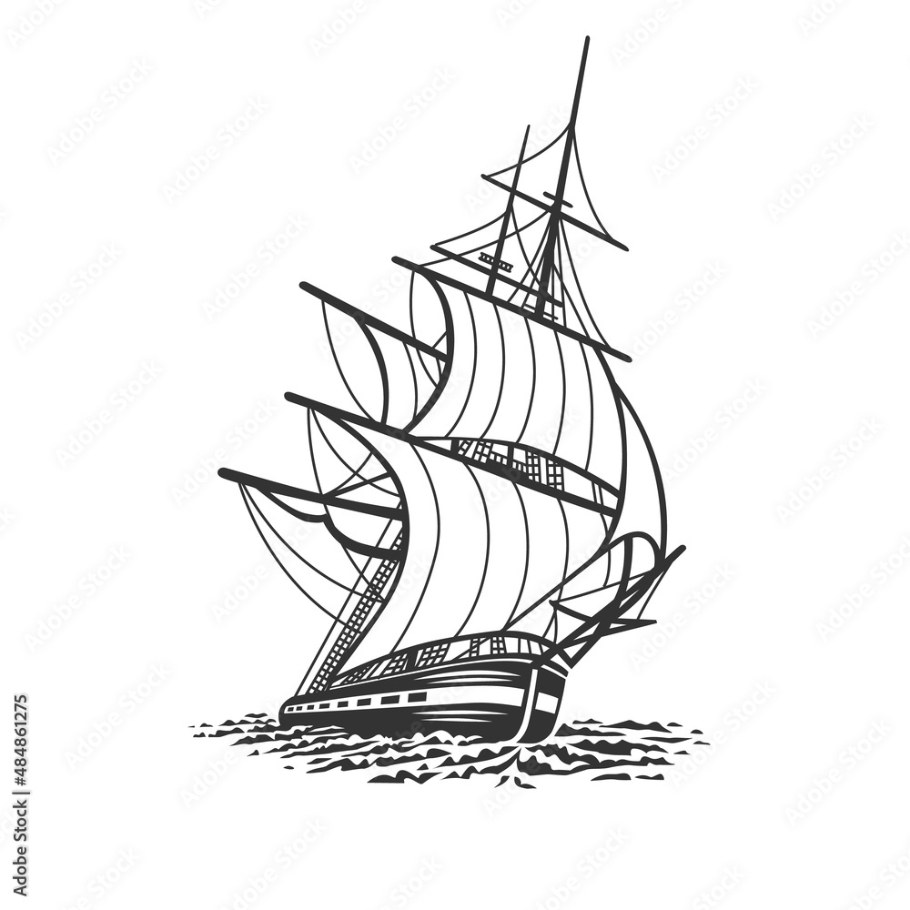 custom made wallpaper toronto digitalShip, sailboat. Black and white illustration.