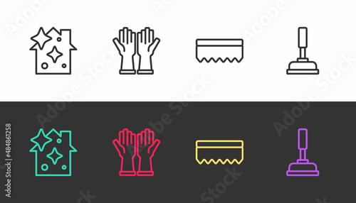 Set line Home cleaning service, Rubber gloves, Sponge and plunger on black and white. Vector