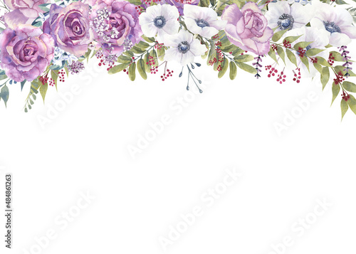 Geometric floral frame with purple roses and anemones in a glass vase on a white isolated background. Hand-drawn watercolor illustration