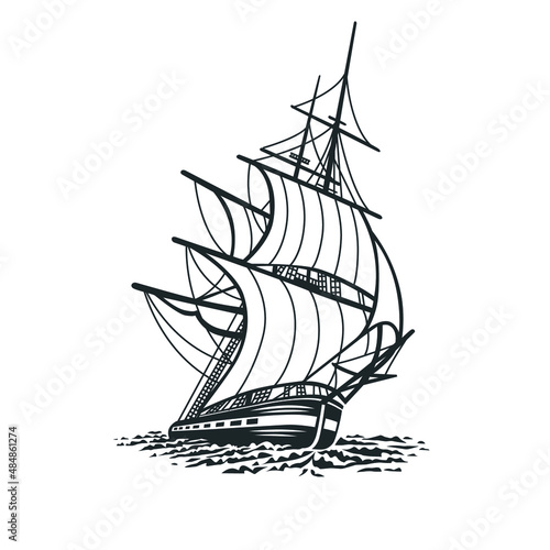 Ship, sailboat. Black and white illustration.