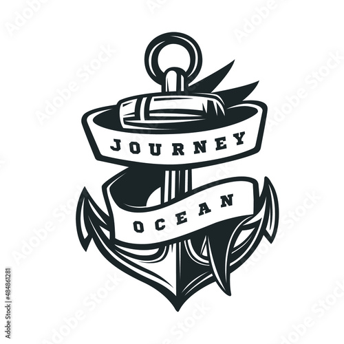 Anchor with ribbon. Journey ocean.