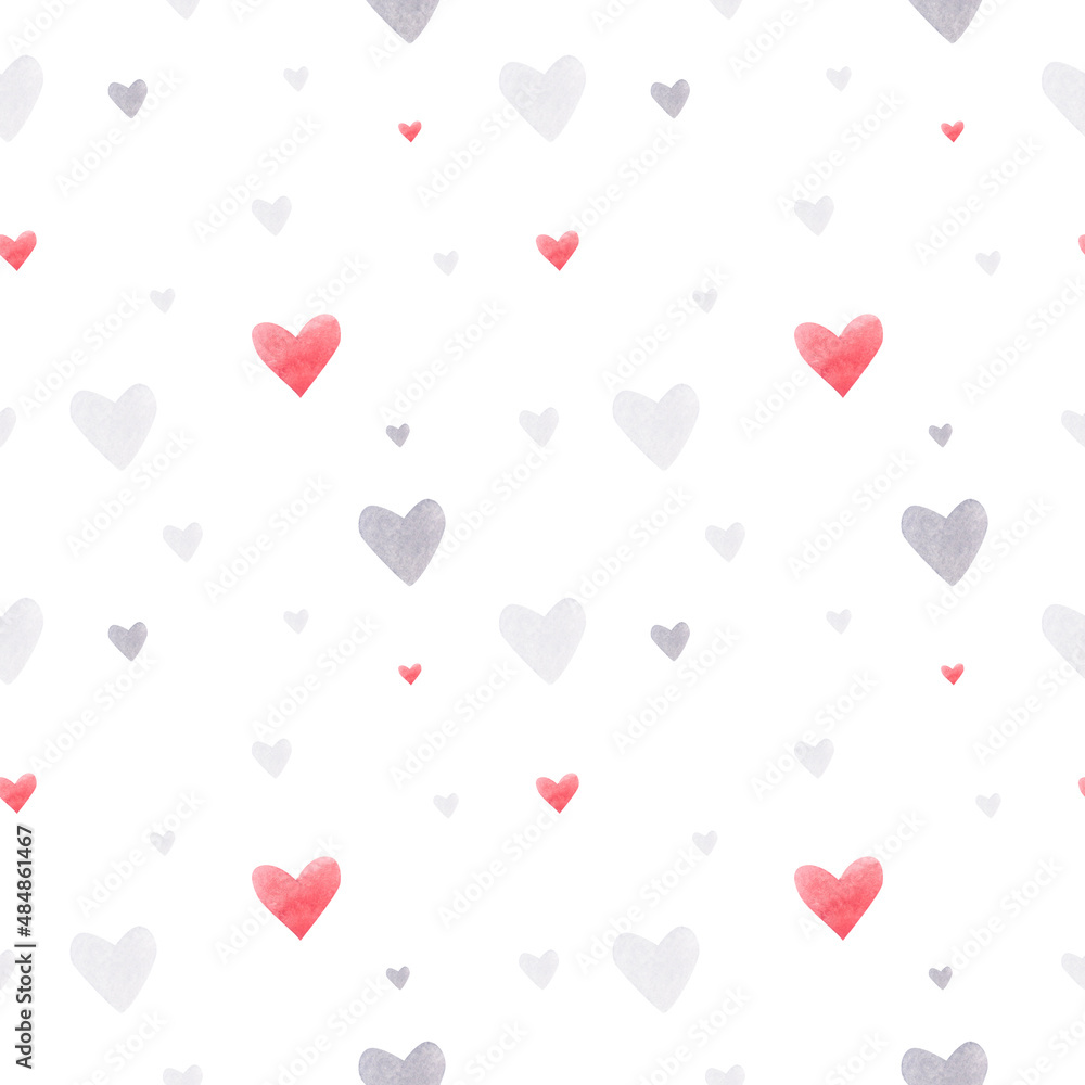 Hearts Seamless pattern. Gray and pink watercolor hearts. Decor for Valentine's Day. Valentine's day, wedding, birthday.