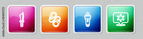 Set line Military knife, Handcuffs, Flashlight and Hexagram sheriff. Colorful square button. Vector