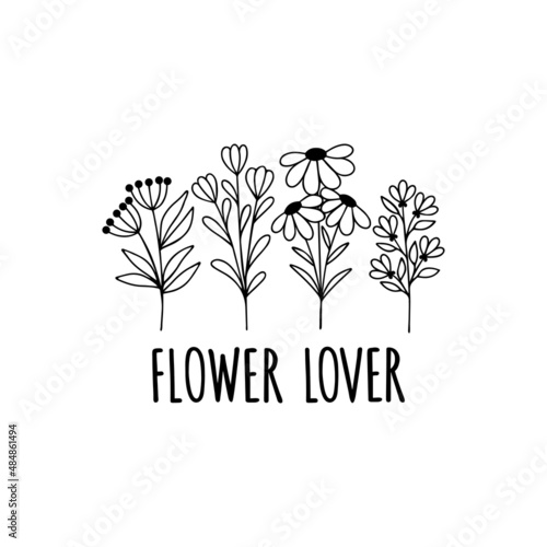 Wildflower line art vector illustration. Flower garden elegance botanical collection. Hand-drawn herbal and meadow plants illustration on white background. Flower lover t shirt print.