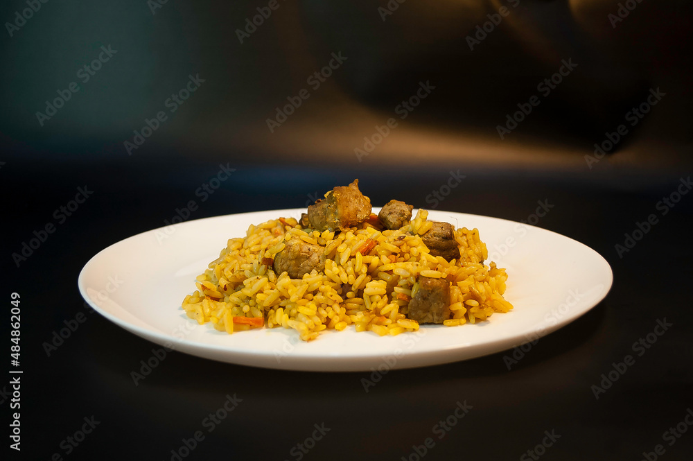 plate with food on a beautiful background rice pilaf menu restaurant plate with food on a beautiful background rice pilaf menu restaurant