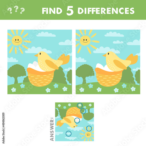 Find differences game for children. Holiday activity page with funny bird, nest and eggs. Printable worksheet with cute bird. Spring puzzle for kids