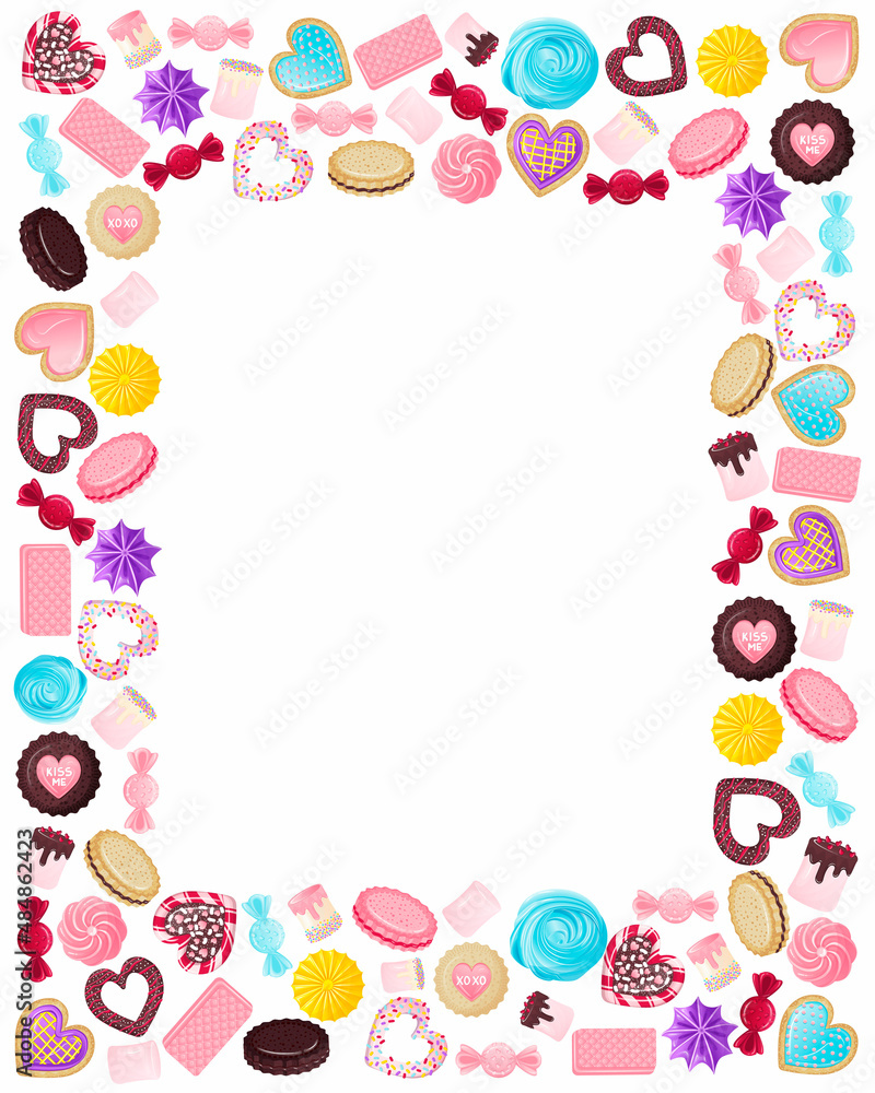 Frame with an empty circle inside made of sweets, gingerbread, marshmallows, heart-shaped lollipops with sprinkles and icing