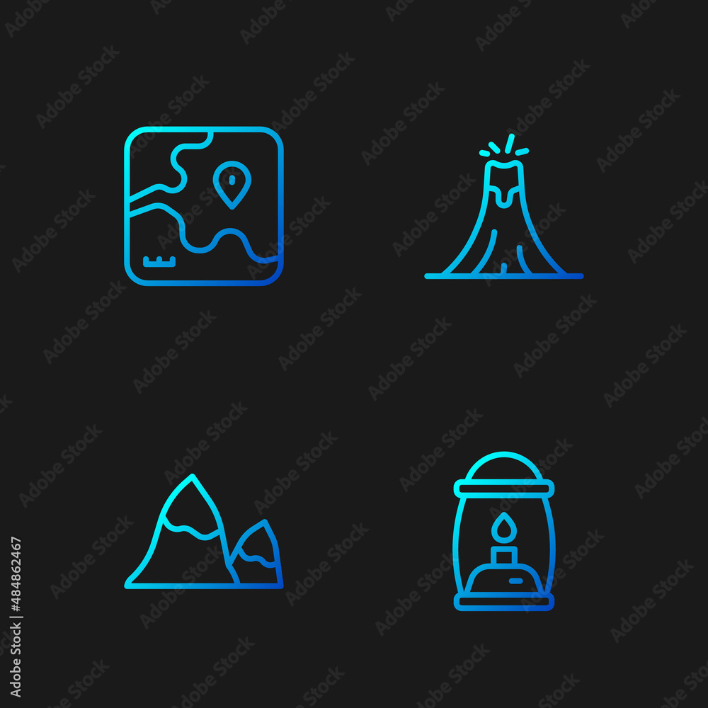 Set line Camping lantern, Mountains, Africa safari map and Volcano eruption. Gradient color icons. Vector Set line Camping lantern, Mountains, Africa safari map and Volcano eruption. Gradient color icons. Vector