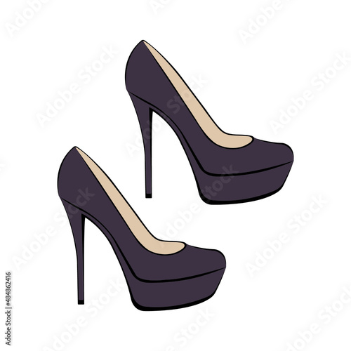 Women`s fashionable decorative high-heeled shoes in dark brown. Sketch design is suitable for icons, shoe stores, exhibitions, logos, tattoos, posters, stickers, prints. Isolated vector illustration
