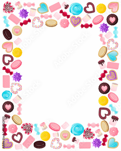 Frame with an empty circle inside made of sweets, gingerbread, marshmallows, heart-shaped lollipops with sprinkles and icing © Зоя Лунёва