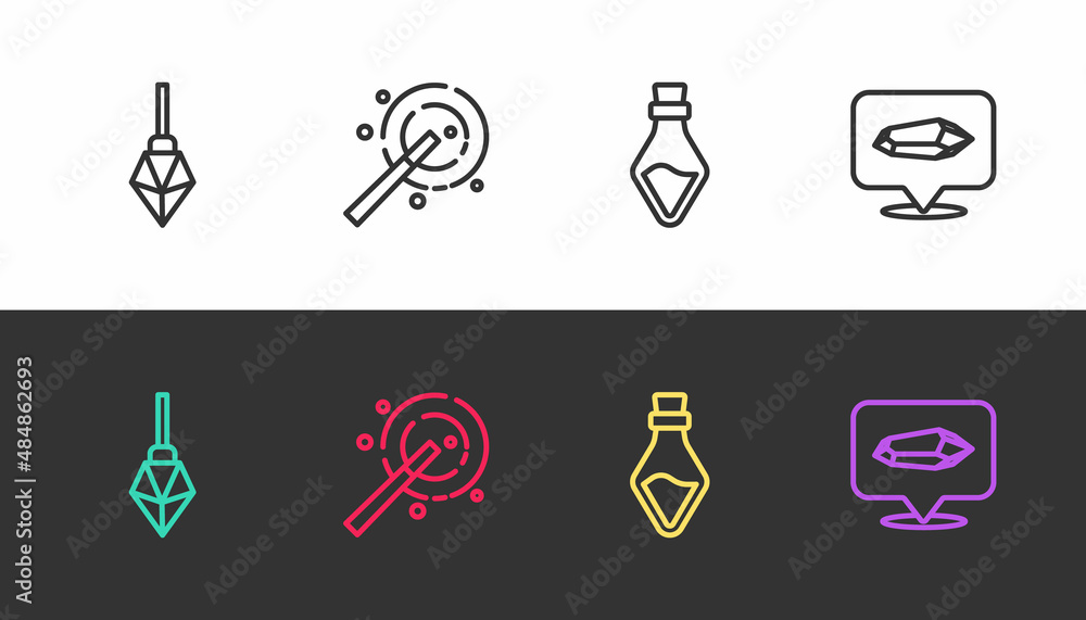 Set line Magic stone, wand, Bottle with potion and on black and white. Vector Set line Magic stone, wand, Bottle with potion and on black and white. Vector