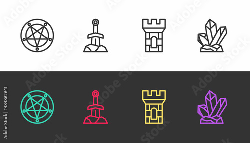 Set line Pentagram in a circle, Sword the stone, Castle tower and Magic on black and white. Vector