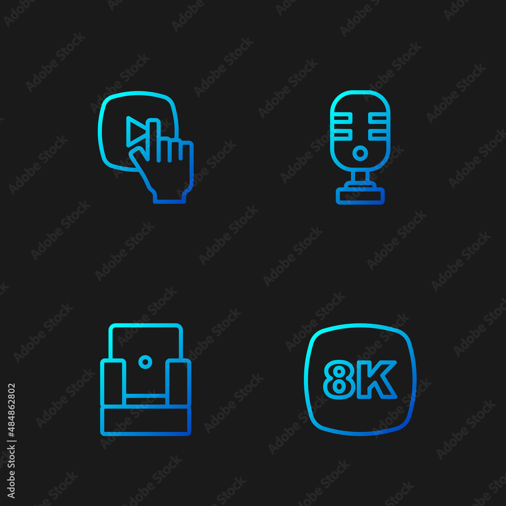 Set line 8k Ultra HD, Cinema chair, Online play video and Microphone. Gradient color icons. Vector Set line 8k Ultra HD, Cinema chair, Online play video and Microphone. Gradient color icons. Vector