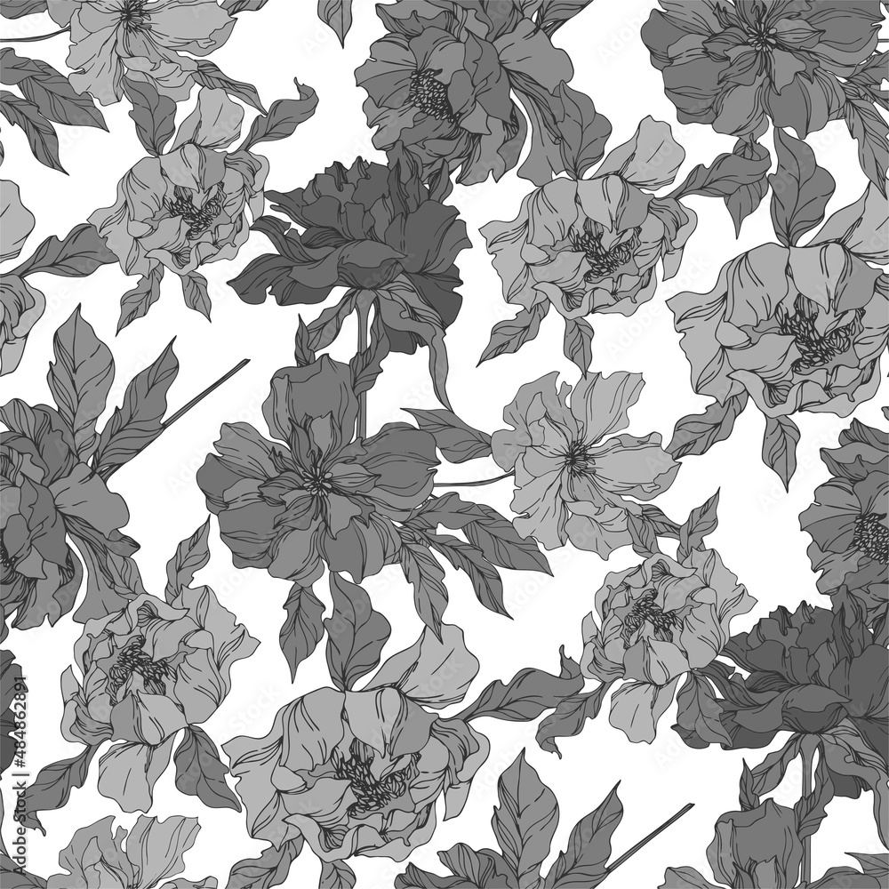 Peony floral botanical flowers. Black and white engraved ink art. Seamless background pattern. Peony floral botanical flowers. Black and white engraved ink art. Seamless background pattern.