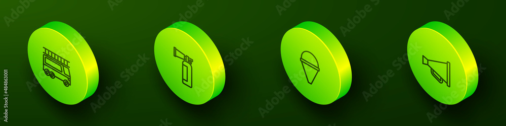 Set Isometric line Fire truck, extinguisher, cone bucket and Megaphone icon. Vector Set Isometric line Fire truck, extinguisher, cone bucket and Megaphone icon. Vector