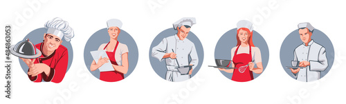 Logo chef with a dish in his hand surrounded by kitchen workers. Advertising of the profession of a cook, illustration for culinary colleges, vocational schools, restaurants and cafés.