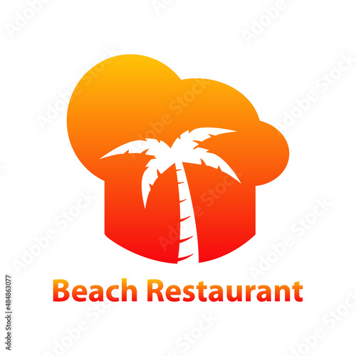 Banner con texto Beach Restaurant y silueta de gorro de cocinero con palmera en color naranja