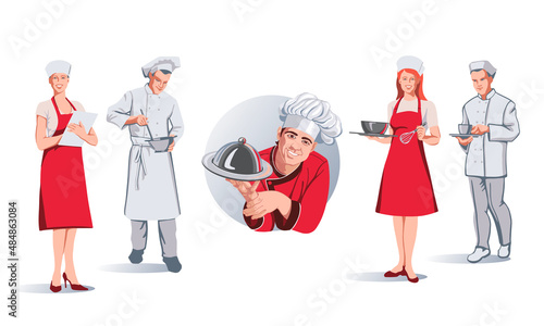 Logo chef with a dish in his hand surrounded by kitchen workers. Advertising of the profession of a cook, illustration for culinary colleges, vocational schools, restaurants and cafés.