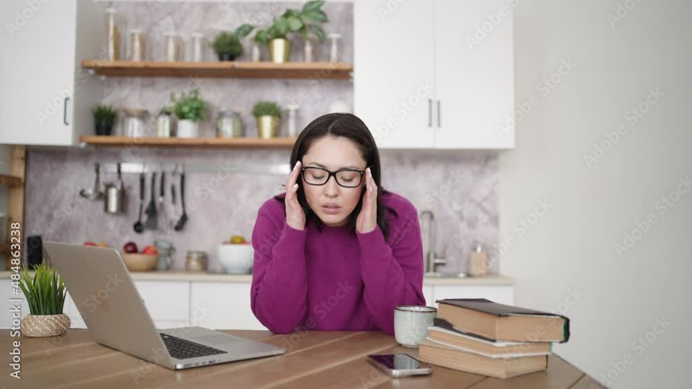Bored sleepy asian lady sitting at desk with laptop, holding head, resting on hand, sleeping at workplace, tired mixed race female feeling drowsy, lazy unmotivated student, boring job, lack of sleep Bored sleepy asian lady sitting at desk with laptop, holding head, resting on hand, sleeping at workplace, tired mixed race female feeling drowsy, lazy unmotivated student, boring job, lack of sleep