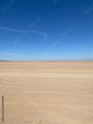 Desert landscape. Mountains on the horizon. Cloudless day. Walk in the desert.
