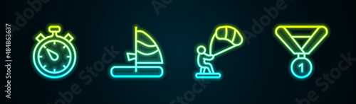 Set line Stopwatch, Windsurfing, Kitesurfing and Medal. Glowing neon icon. Vector