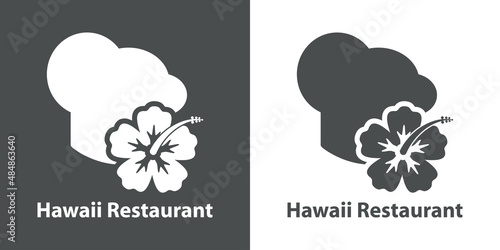 Banner con texto Hawaii Restaurant y silueta de gorro de cocinero con flor de hibisco en fondo gris y fondo blanco