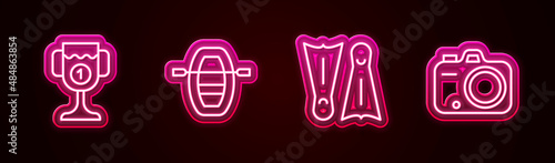 Set line Award cup, Boat with oars, Flippers for swimming and Photo camera. Glowing neon icon. Vector
