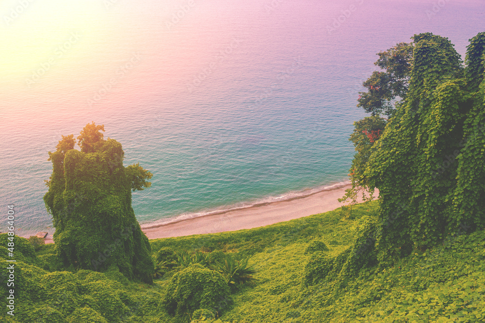 View of the sea coast from the mountain. Botanical garden in Batumi, Georgia
