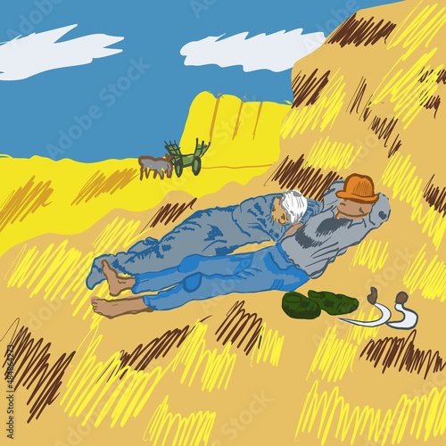 Illustrazione lavoratori contadini che si riposano dopo lavoro nel campo di grano  photo