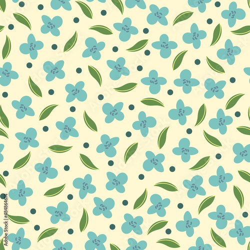 Seamless pattern of flowers and leaves, pastel colors. Vector design.