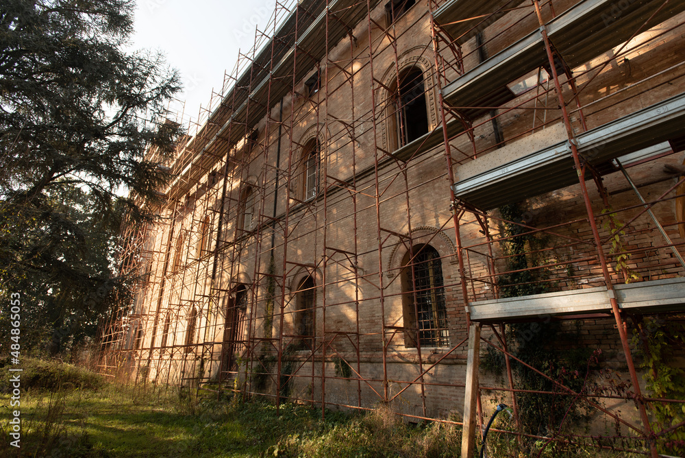 September 2021, Italy. Exteriors of an abandoned castle, damaged by a strong earthquake. Urbex September 2021, Italy. Exteriors of an abandoned castle, damaged by a strong earthquake. Urbex