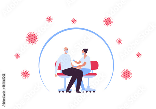 Vaccination campaign concept. Vector flat healthcare character illustration. Female doctor make vaccine to old male patient shoulder isolated on white background. Illness shield protection symbol.