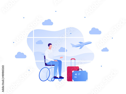 Tourism for disabled people and airplane travel concept. Vector flat character illustration. Man in wheelchair waiting in departure zone with baggage on airport window with plane background.