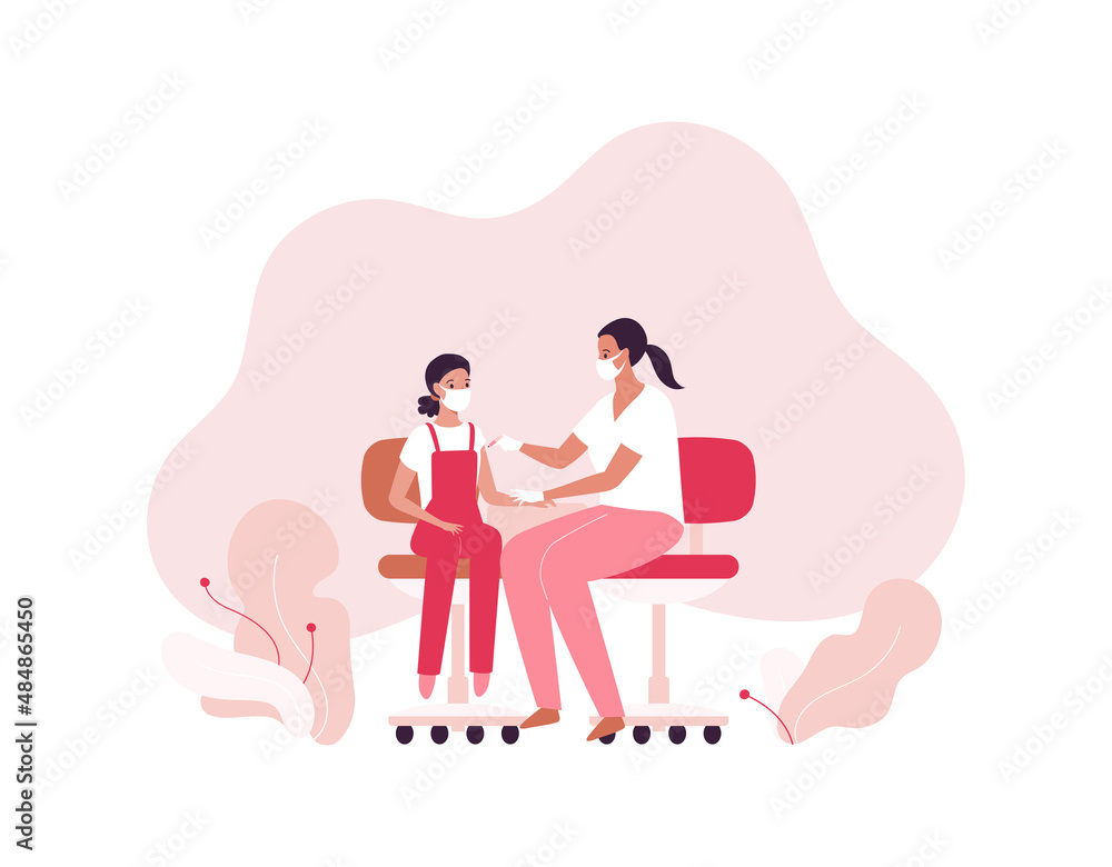 Vaccination campaign concept. Vector flat healthcare character illustration. Female pediatrician doctor make vaccine to girl patient shoulder on abstract background. People in facemask. - obrazy, fototapety, plakaty 