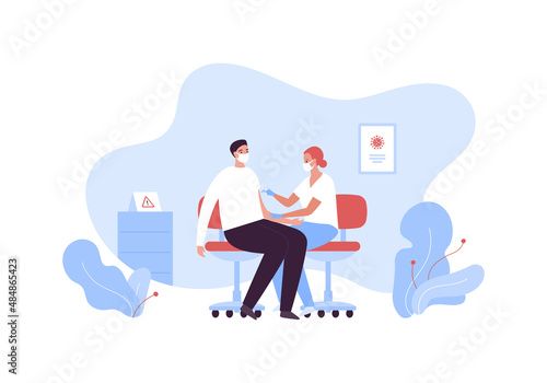 Vaccination campaign concept. Vector flat healthcare character illustration. Female doctor make vaccine to male patient shoulder on hospital room background. People in facemask.