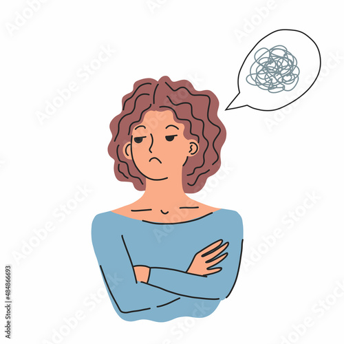 Irritated person. Sad offended woman sulking. Frustrated female character. Expressing angry emotion and unhappy face expression. Vector illustration isolated on white background