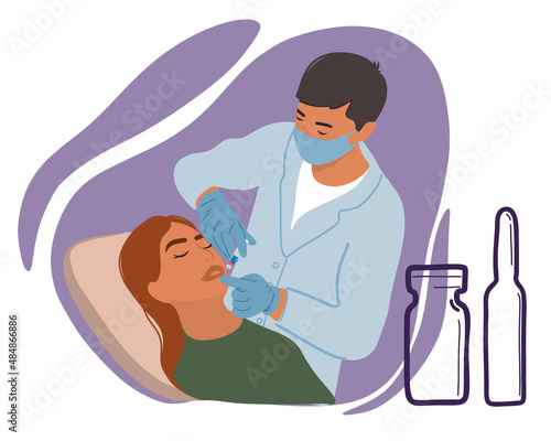 A young woman receives cosmetic botox injections on her lips in a clinic. Cosmetologist doctor makes lip augmentation procedure in beauty salon. Cosmetic procedures, skin care. Vector illustration, do