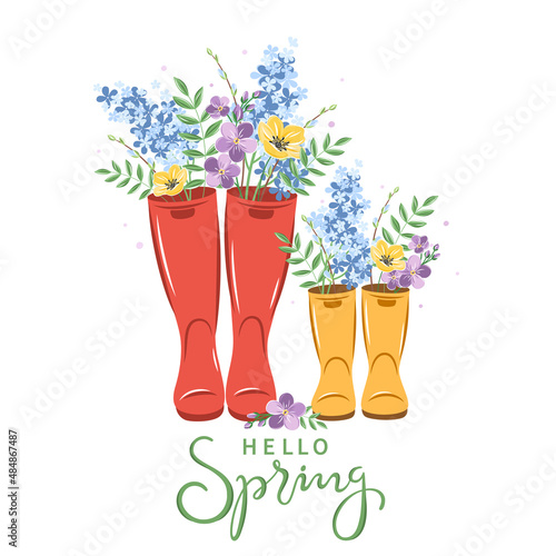 Hello spring text. Cute wellies boots with spring flowers. Garden plants. Vector illustration.