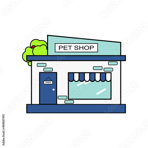 flat design. illustration of a pet shop in bright blue with a few plants on it