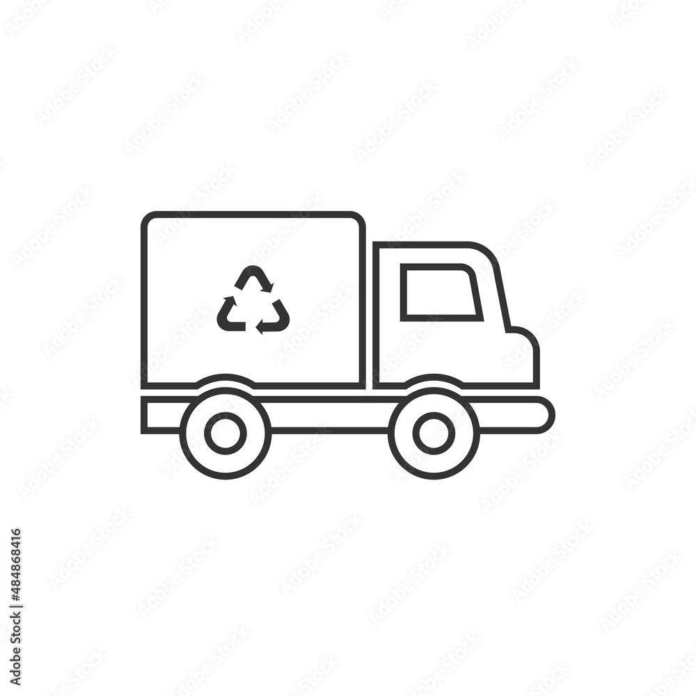 Garbage truck icon in flat style. Recycle vector illustration on white isolated background. Trash car sign business concept.