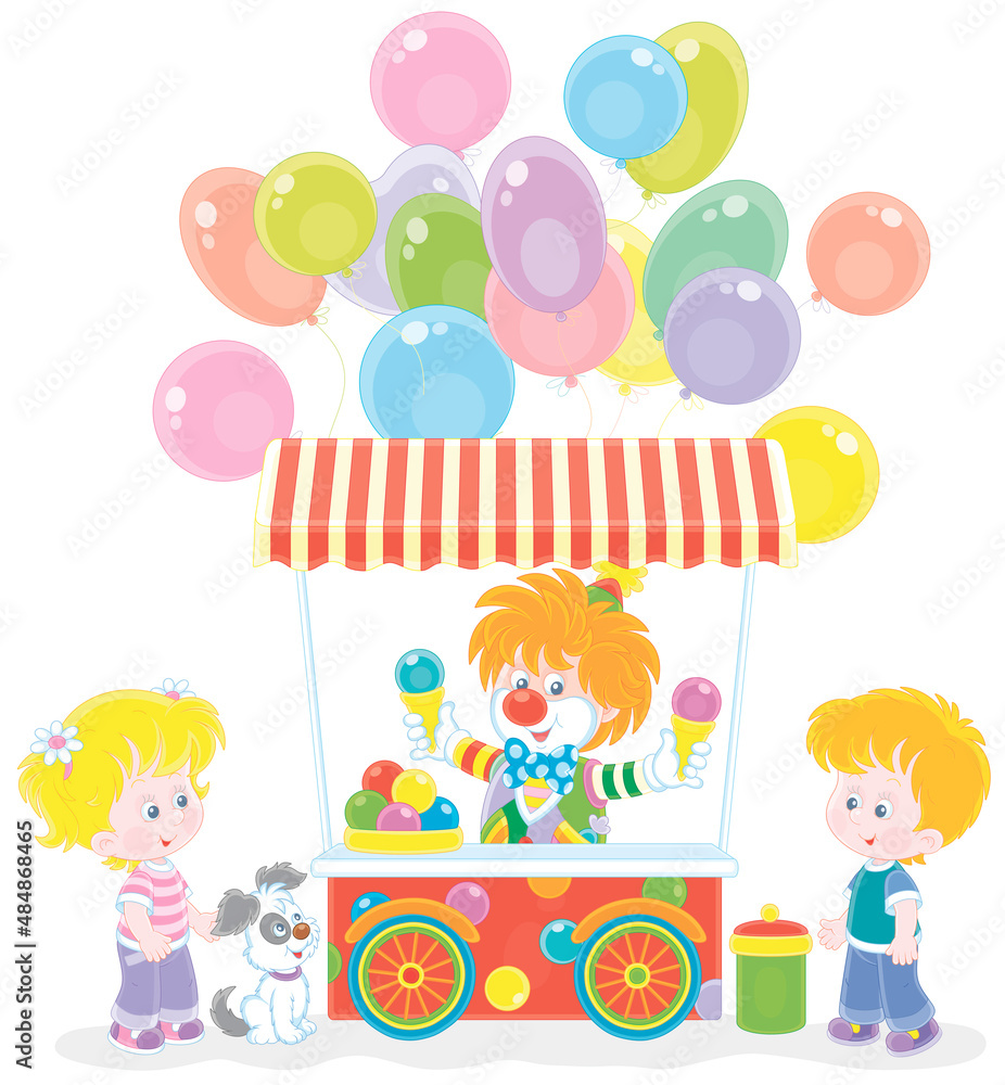 Happy little kids with a cute small pup and a colorful street ice-cream cart with a funny clown vendor and color festive balloons, vector cartoon illustration isolated on a white background Happy little kids with a cute small pup and a colorful street ice-cream cart with a funny clown vendor and color festive balloons, vector cartoon illustration isolated on a white background