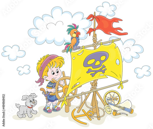 Happy little boy and his pup playing sea pirate with a sail with Jolly Roger and a toy wooden steering wheel on a playground on summer vacation, vector cartoon illustration isolated on white