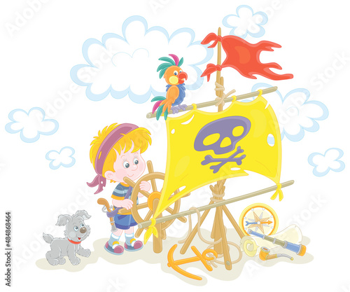 Happy little boy and his pup playing sea pirate with a sail with Jolly Roger and a toy wooden steering wheel on a playground on summer vacation  vector cartoon illustration isolated on white