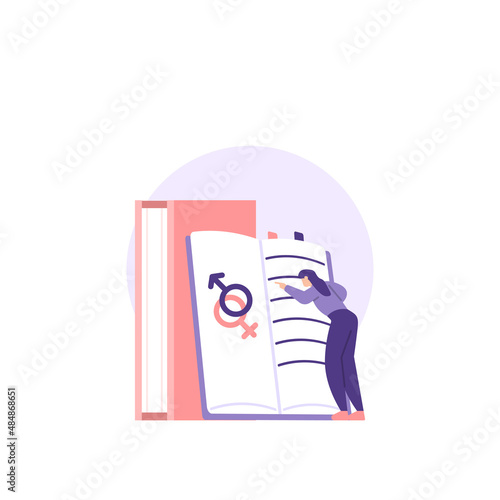 illustration of a woman reading a book about gender. sexual education concept. learn and gain insight. flat cartoon style. vector design. element