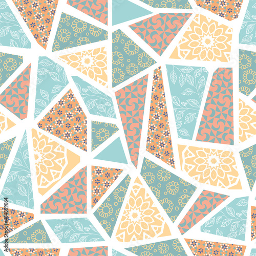 Vector background.Bright abstract mosaic seamless pattern. Ceramic tile fragments.Colorful broken tiles trencadis.