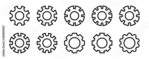 Gear icon set. Cogwheel icon in outline. Settings symbol in line. Gearwheel illustration. Cogwheel mechanism collection. Stock vector illustration