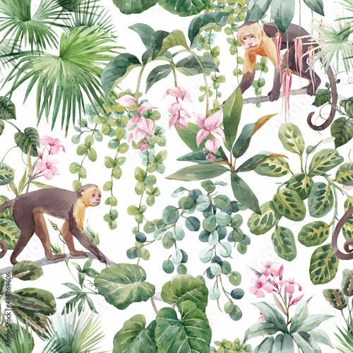 Beautiful vector seamless tropical floral pattern with cute hand drawn watercolor monkey and exotic jungle flowers. Stock illustration.