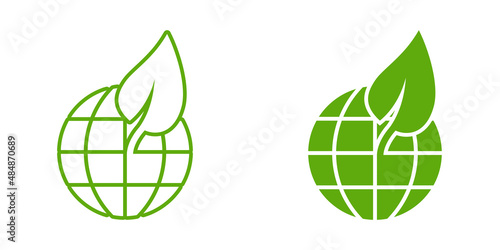 Planet and leaf icon in flat style. World and eco vector illustration on white isolated background. Globe and organic business concept.