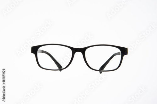 Black plastic frame eyeglasses. Close up studio shot, isolated on white background, no people