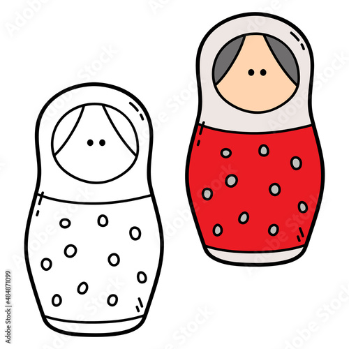 Vector illustration coloring page of doodle nesting doll for children and scrap book